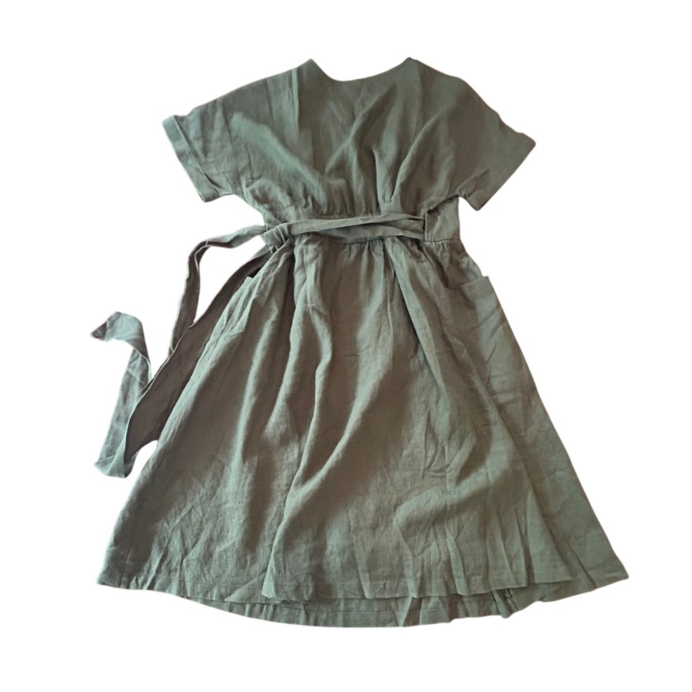 Grae Cove Wrap Dress Med Large Green 100% Linen Midi Pockets Minimalist Boutique - Picture 4 of 7